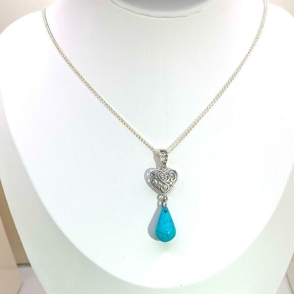 AUO Sterling 925 Silver Heart  & Turquoise Necklace - Picture 3 of 11